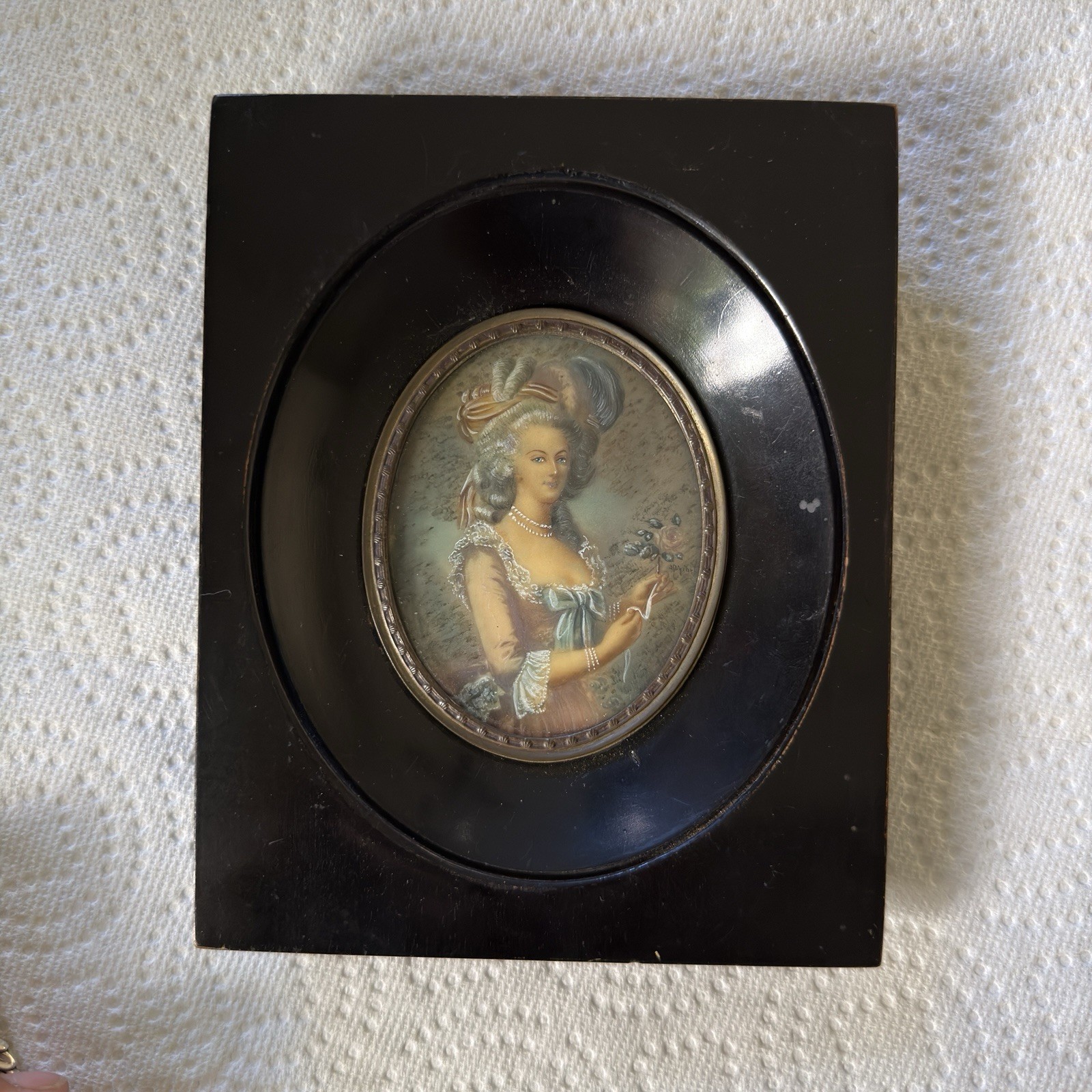 Vintage Miniart Miniature Portrait Marie Antoinette Signed Geral Black Wood Fram