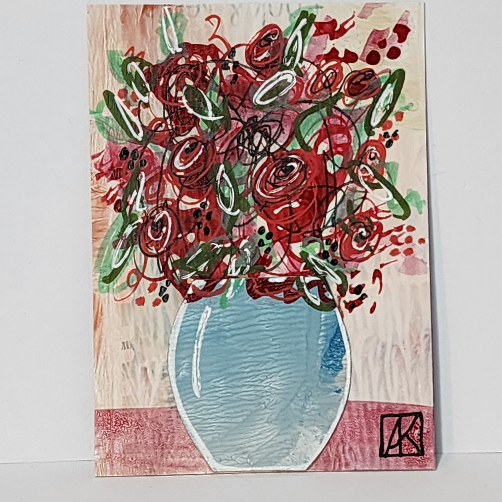 ACEO Original Painting Red Roses Flowers in Blue Vase Mothers Day Spring AMBER K