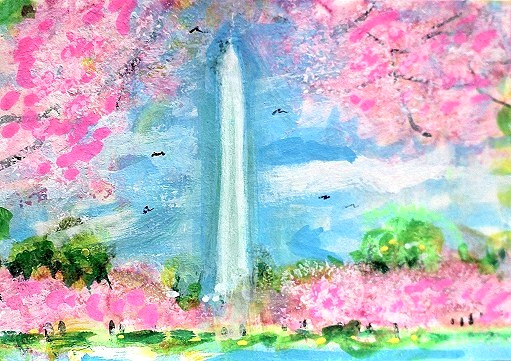 ACEO Original PAINTING Washington DC in SPRING Cherry TREES Landscape ATC ART