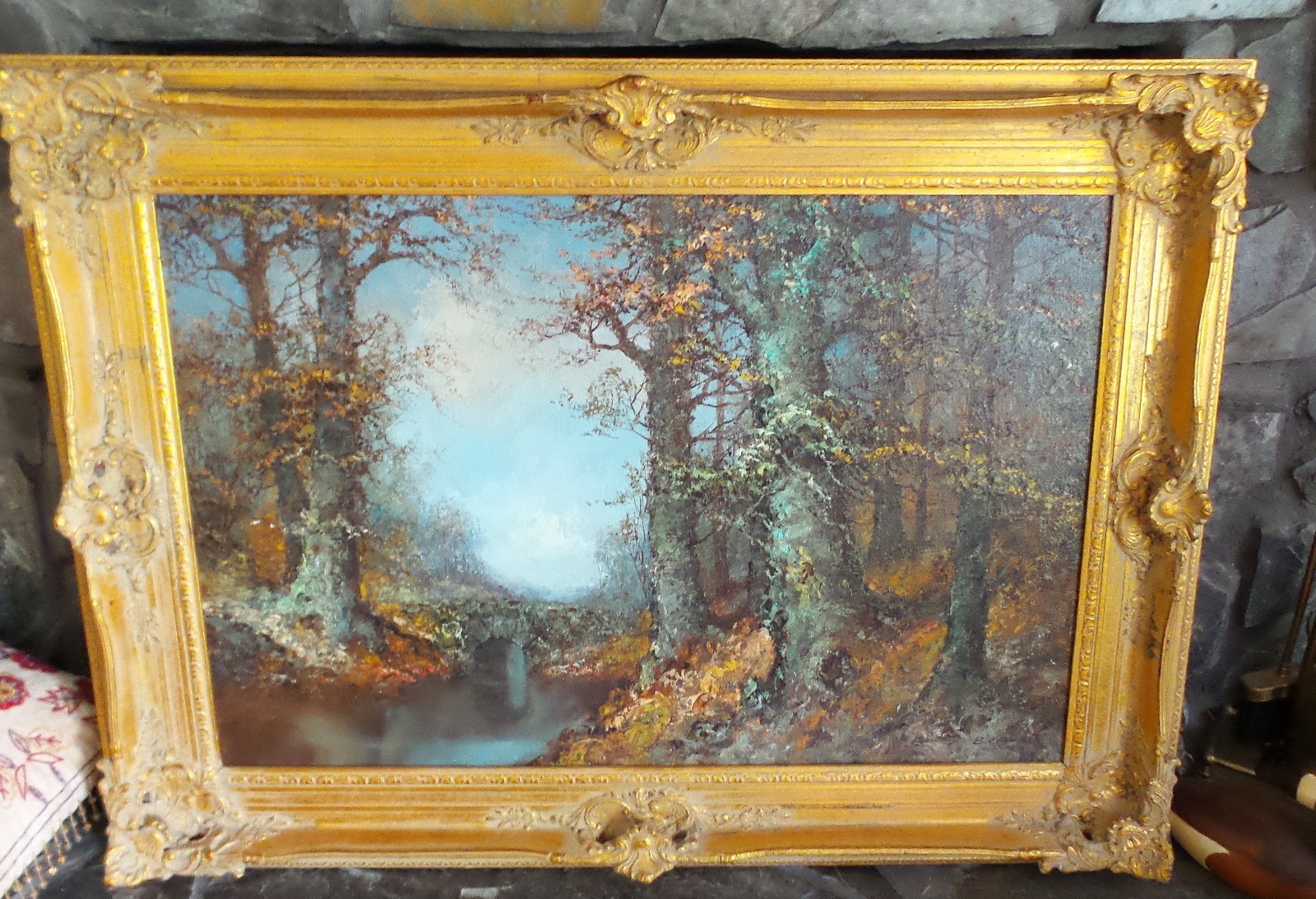 ANTIQUE ORIGINAL OIL PAINTING LANDSCAPE STONE BRIDGE SIGNED W. BRAUER FRAMED