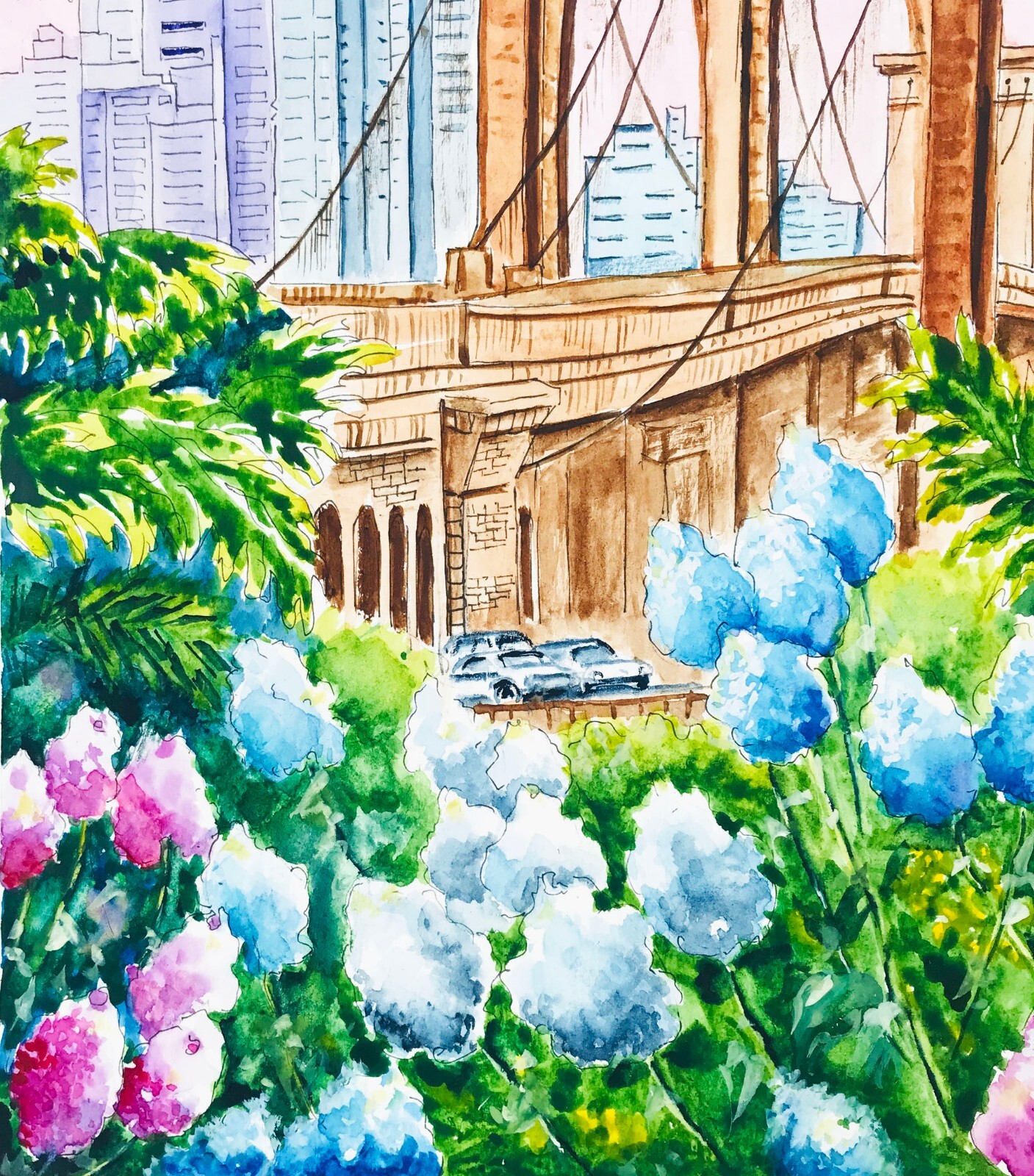 Original Art New York City Watercolor Brooklyn Bridge Painting NYC 12 x 9″