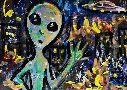 Original ACEO Painting ALIEN Spaceship Stars Fire War City Universe UFO ATC ART