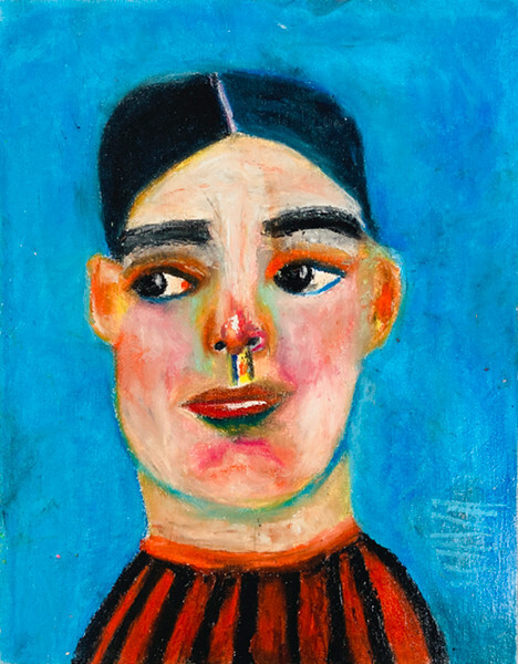 Original Portrait Painting Blue Red Boy Man 11×14 Wall Art Oil Pastels Miz Katie