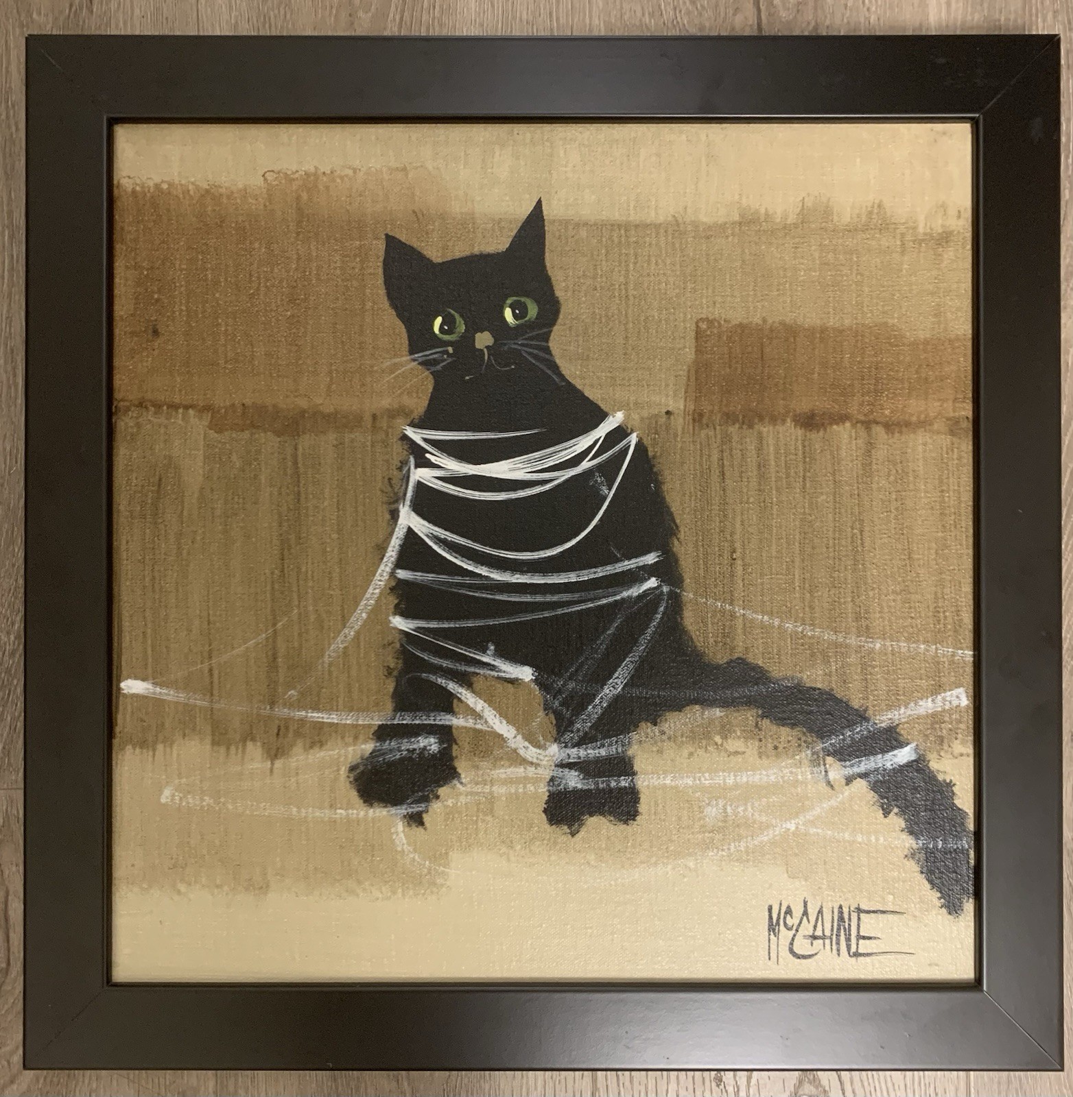 Vintage MCM Robert McCaine Original Oil Painting Black Cat Tangled in Yarn