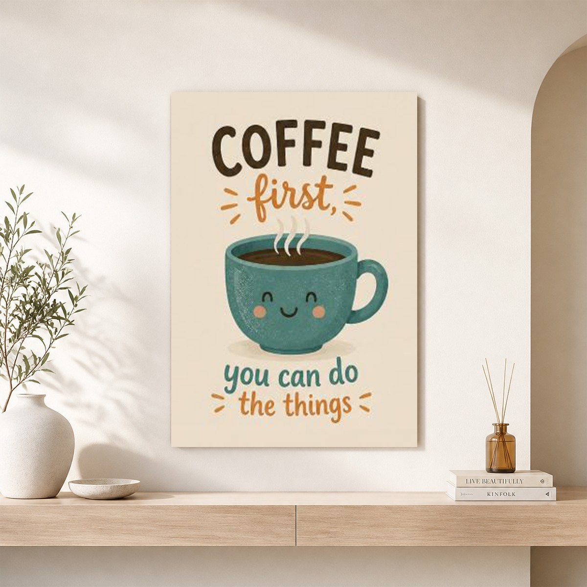 Coffee First Canvas Wall Art Cute Coffee Cup Kitchen Decor Motivational Quote