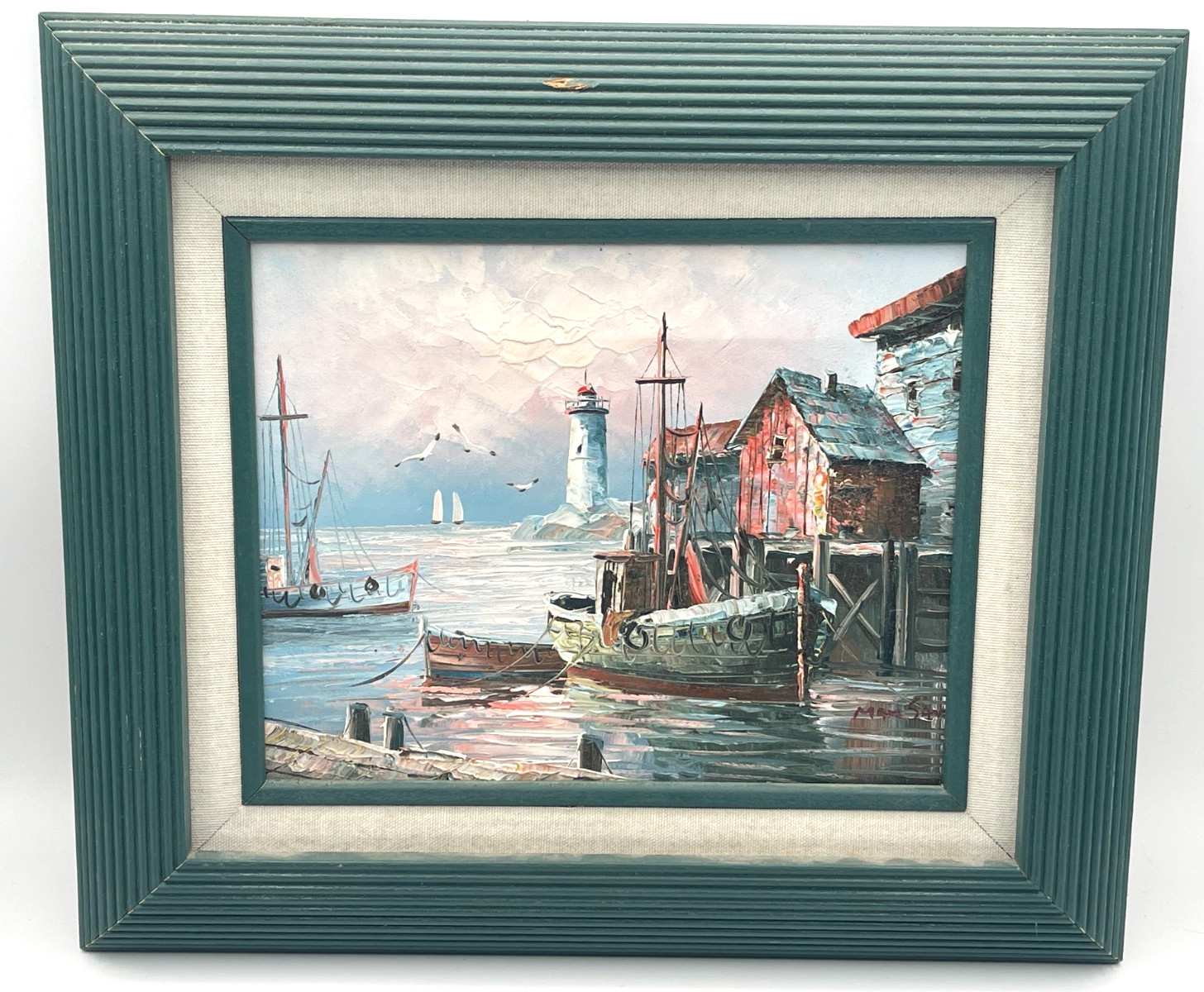 Max Savy Seascape Oil Painting 8″x10” Signed Lighthouse Boats Canvas Framed
