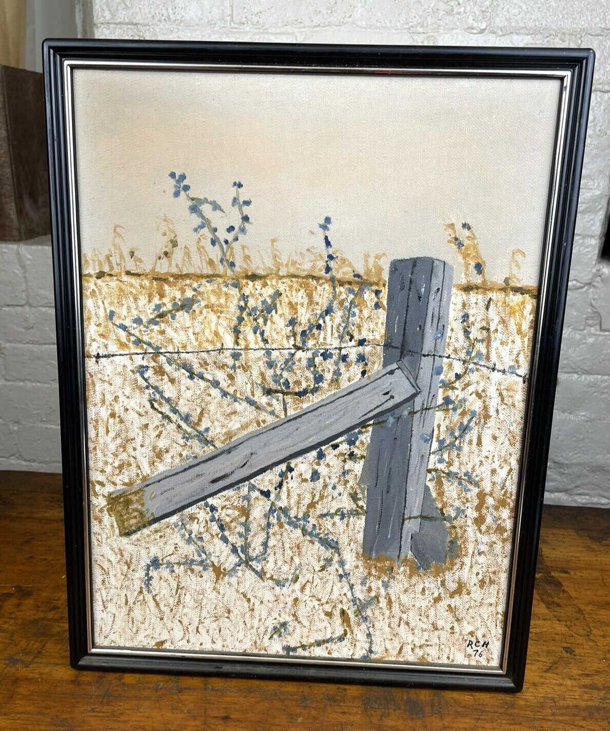 1976 Vintage Oil on Canvas Painting ~ BROKEN FENCE POST – 16 7/8″ x 13″