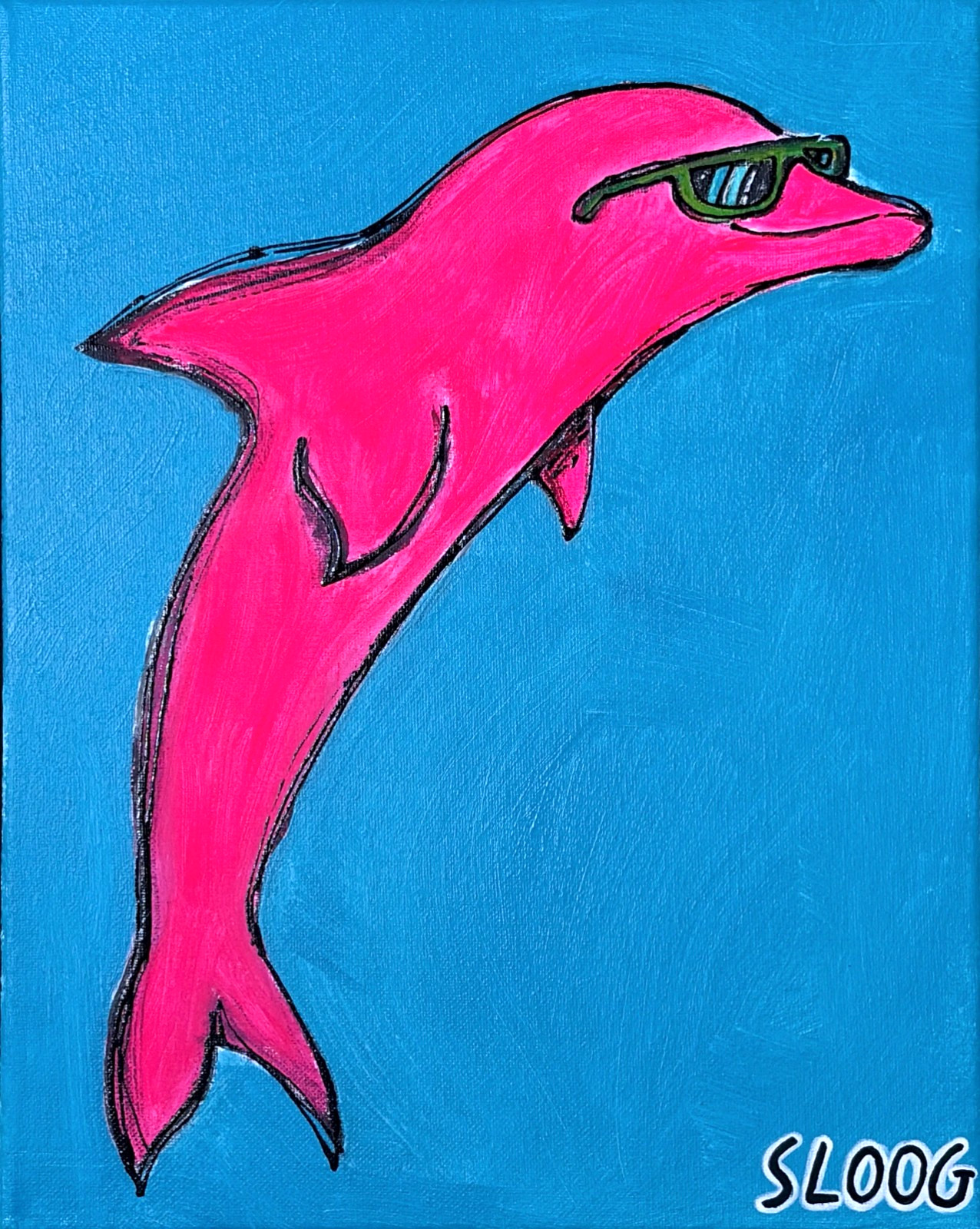 SLOOG Original Art Colorful Pop Art Painting on Canvas 11×14 90s Neon Dolphin