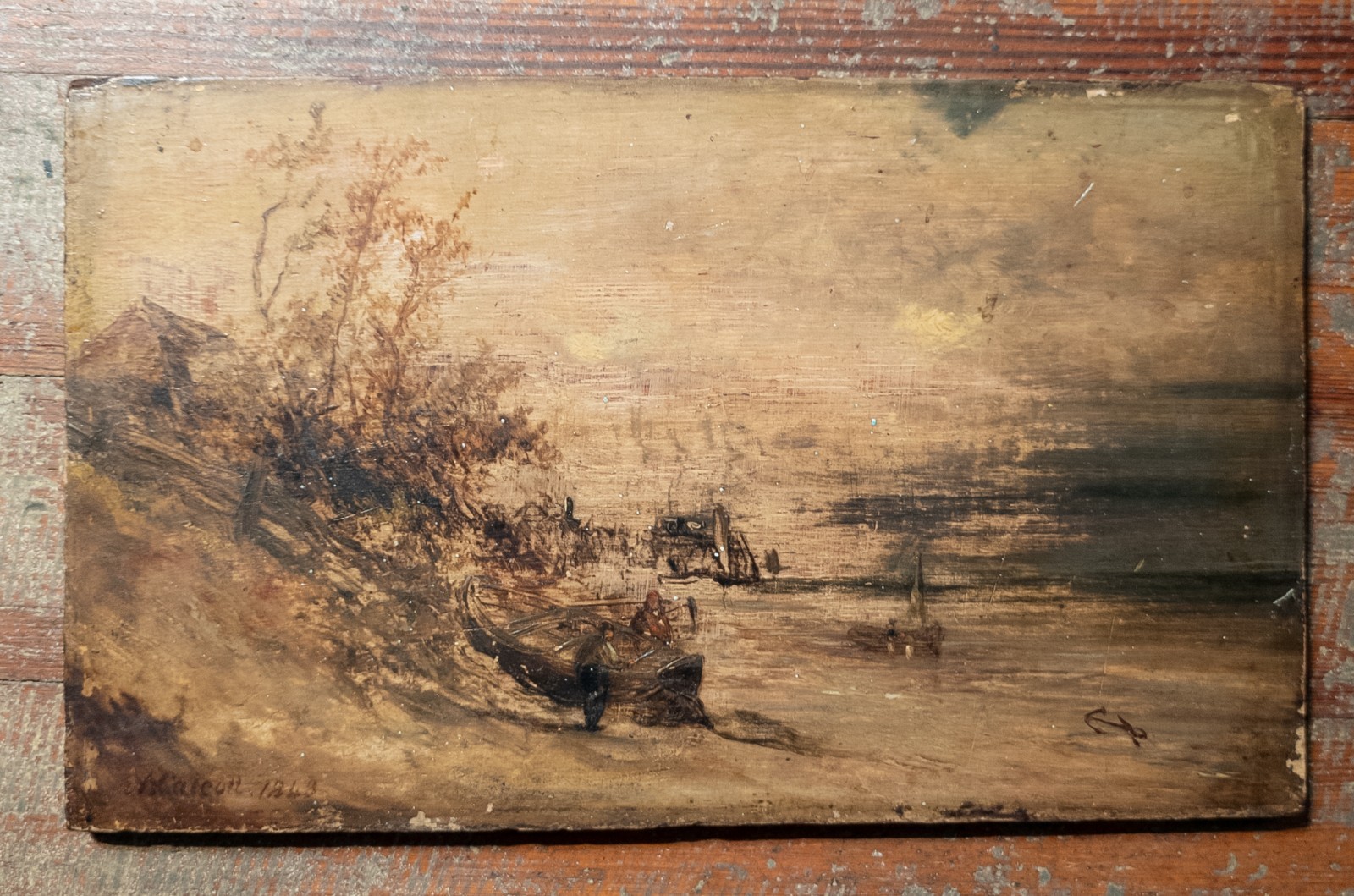 Antique English Oil on Panel Shoreline Painting Attr Augustus Wall Calcott 1843