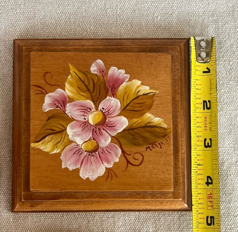 VTG Hand Painted and Signed Marge ’79 Trio of Wood Flowers Plaques Daisies, Rose