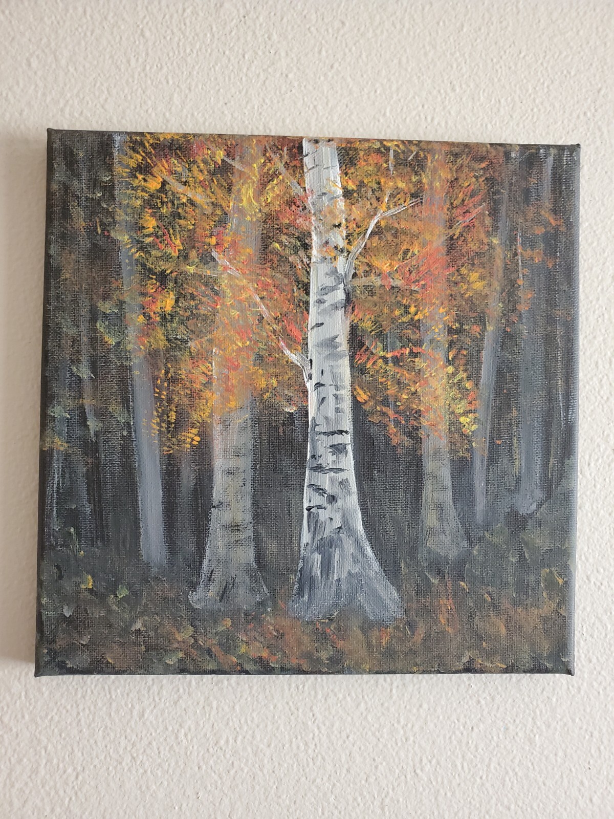 Handmade Acrylic Painting Wooden Frame 10×10 Art Decor Night Forest Birch Autumn