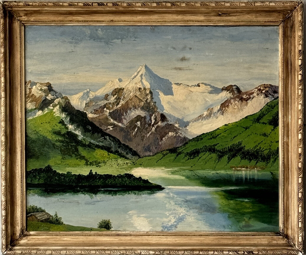 GORGEOUS ANTIQUE MOUNTAIN PLEIN AIR LANDSCAPE OIL PAINTING OLD VINTAGE LAKE 1950