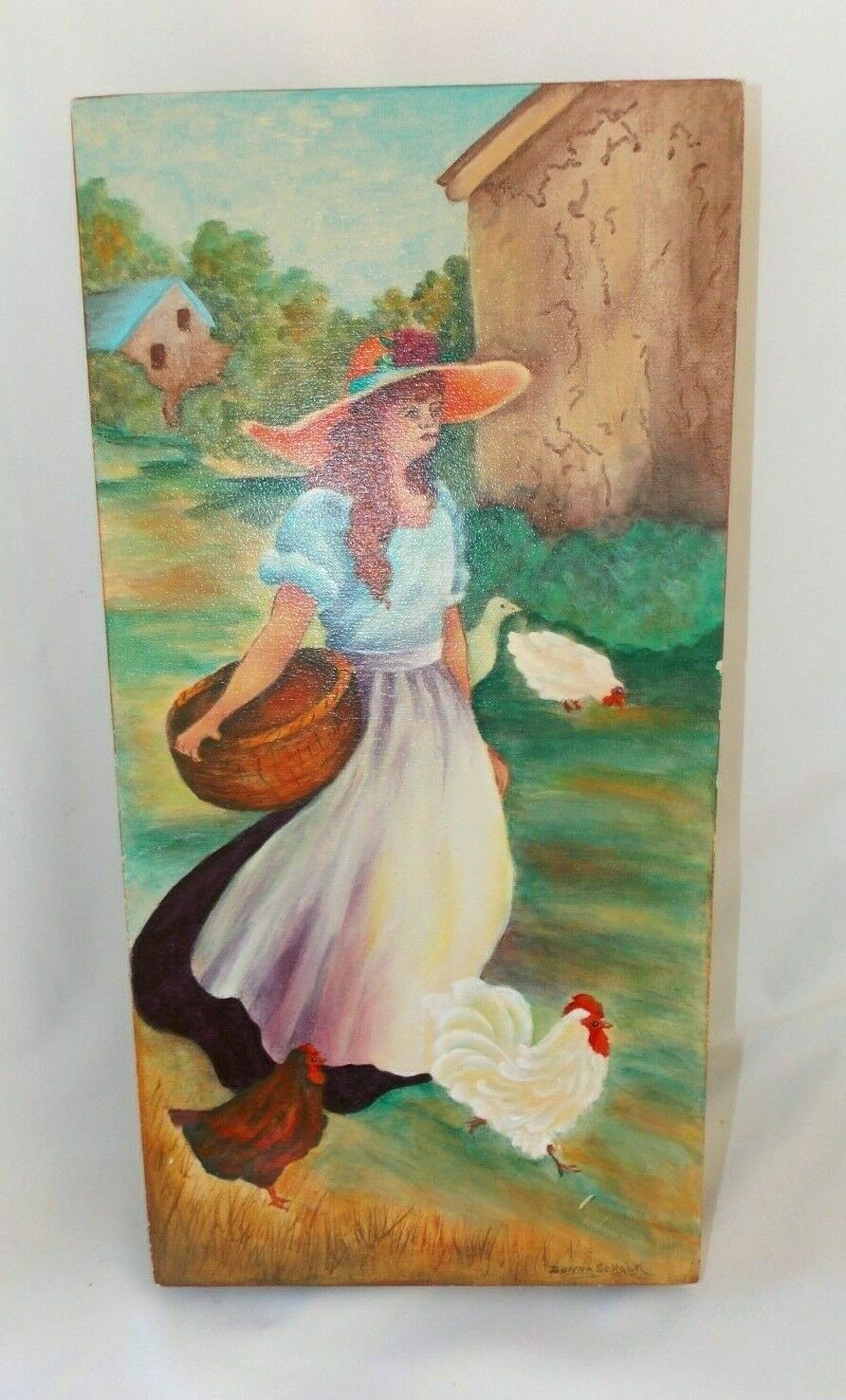 Amateur Painting Woman Feeding Chickens Country Farm Folk Art On Wood 8″ x 16″