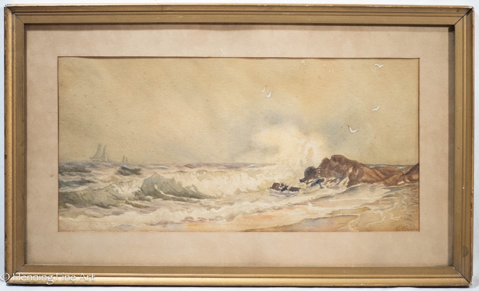 Rare Elizabeth Spalding Wylly Willingham Antique Painting Coastal Seascape 15×25