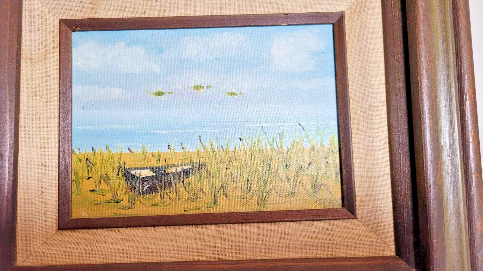 Vintage Mexican Oil Painting Coastal Landscape Ducks Mid-Century Wood Frame