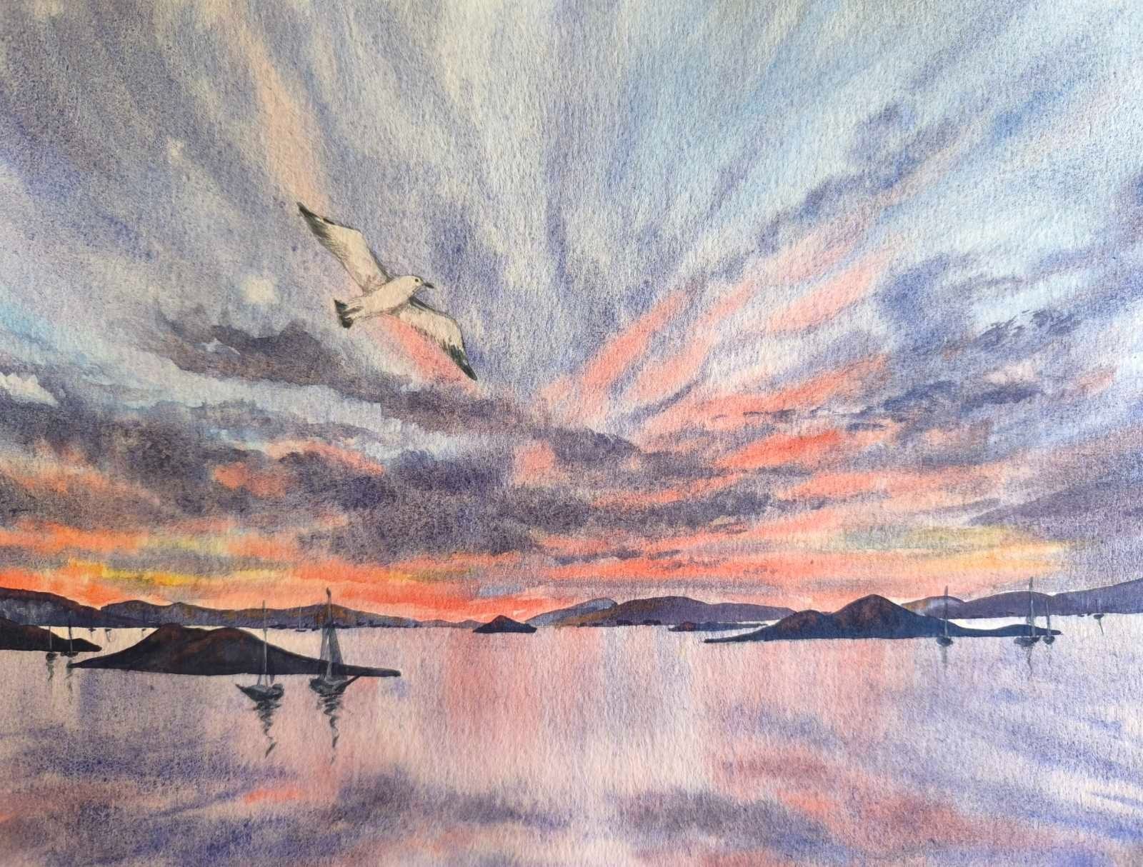 BIRD CLOUD SKY SEA Original Art Painting Landscape LAGUNA BEACH Seascape Gift A4