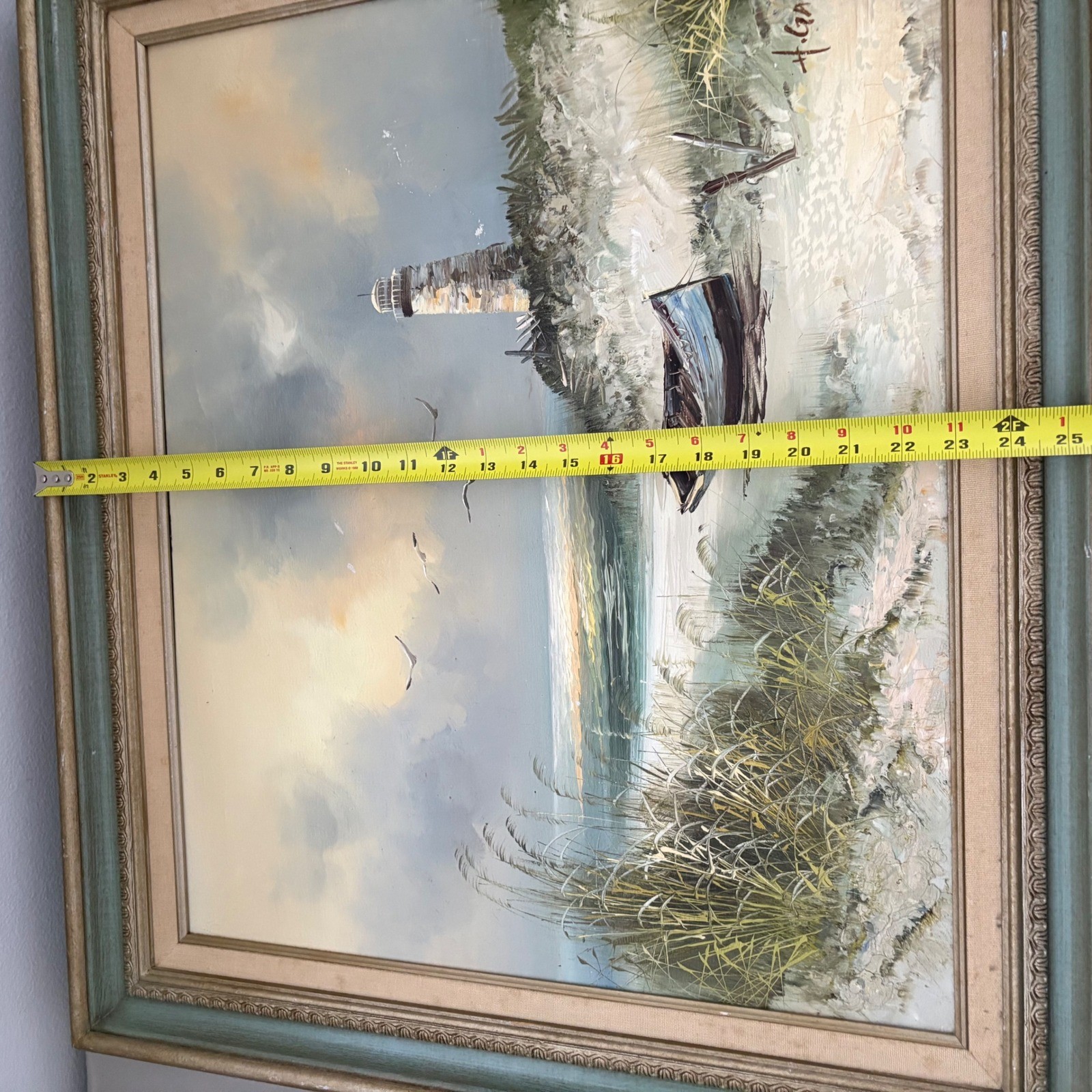 H Gailey Signed Original Oil Painting Lighthouse Beach Boat Peace Framed 29×25