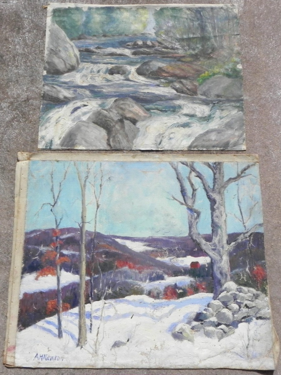 Pair old Connecticut impressionist landscape paintings signed Allen Newton 1927