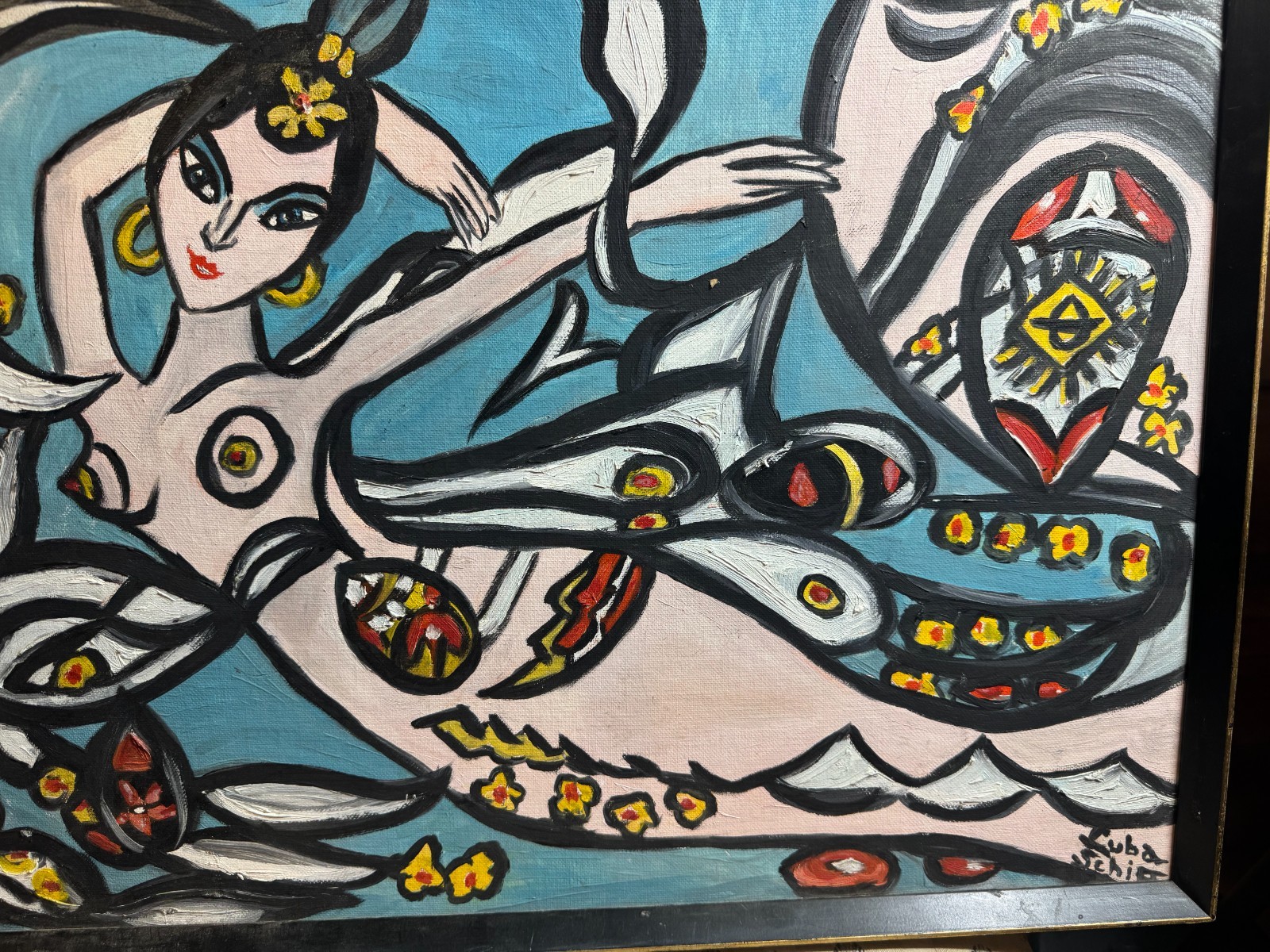 Luba Schiff Framed Figural Mermaid Painting on Canvas Signed Folk Modern 24 x 18