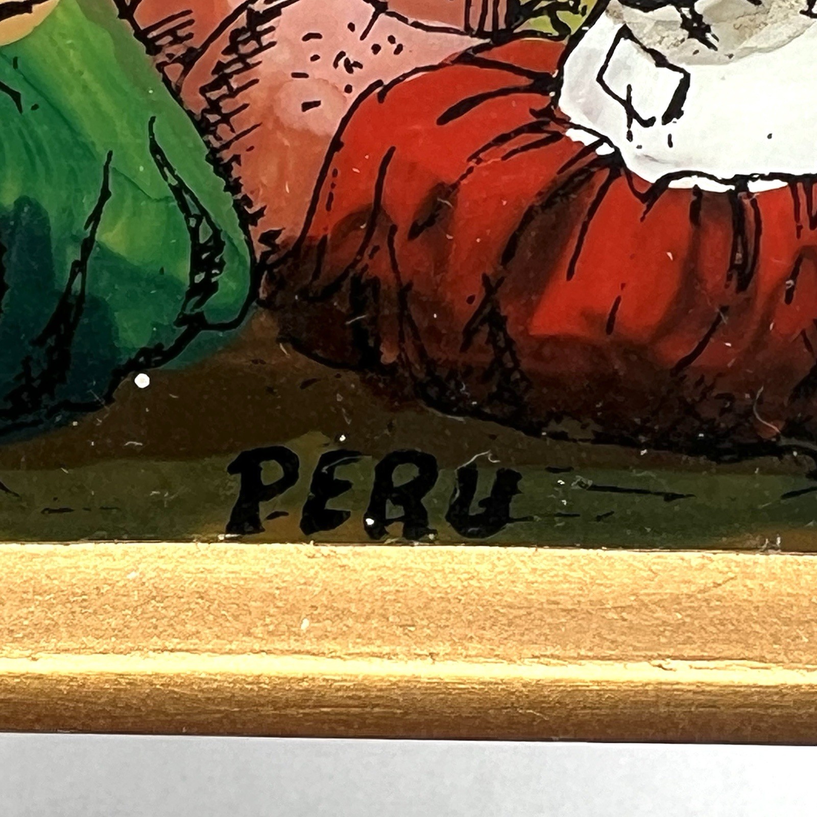 Vintage Folk Art Reverse Hand Painted Peruvian Village Scene Framed Wall Art