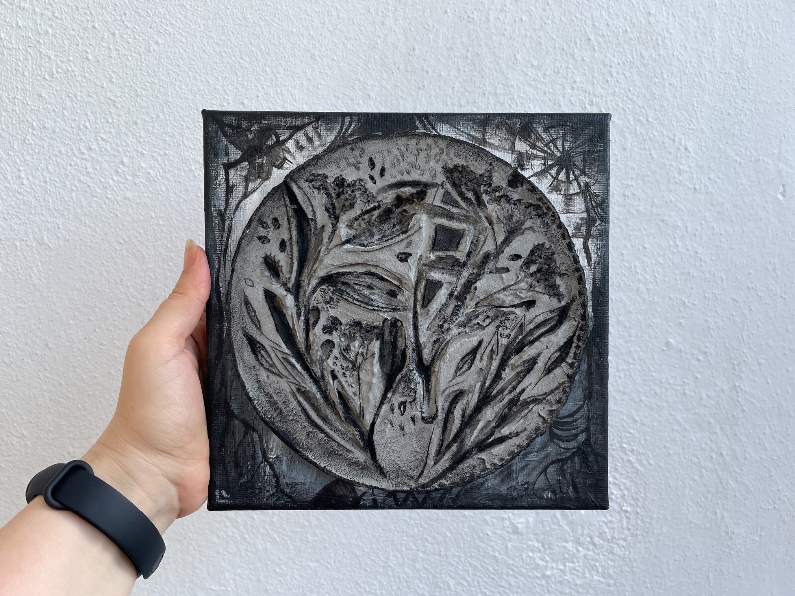 Broken life, conceptual artwork, mixed media painting, interior art, gray black