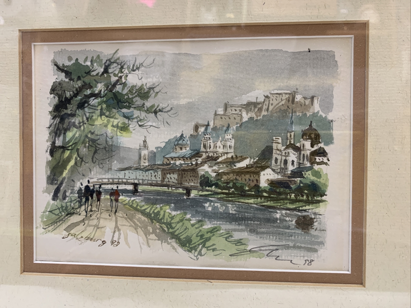 Saltzburg Marina Painting Harbor Watercolor Art Matted Framed 14×12” Germany