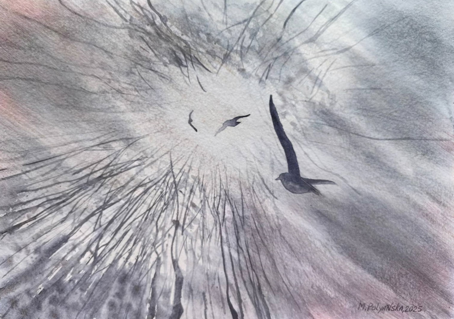 BERDS FLYING SKY FOGGY FOREST Original Artwork Painting Landscape Signed Gift A4