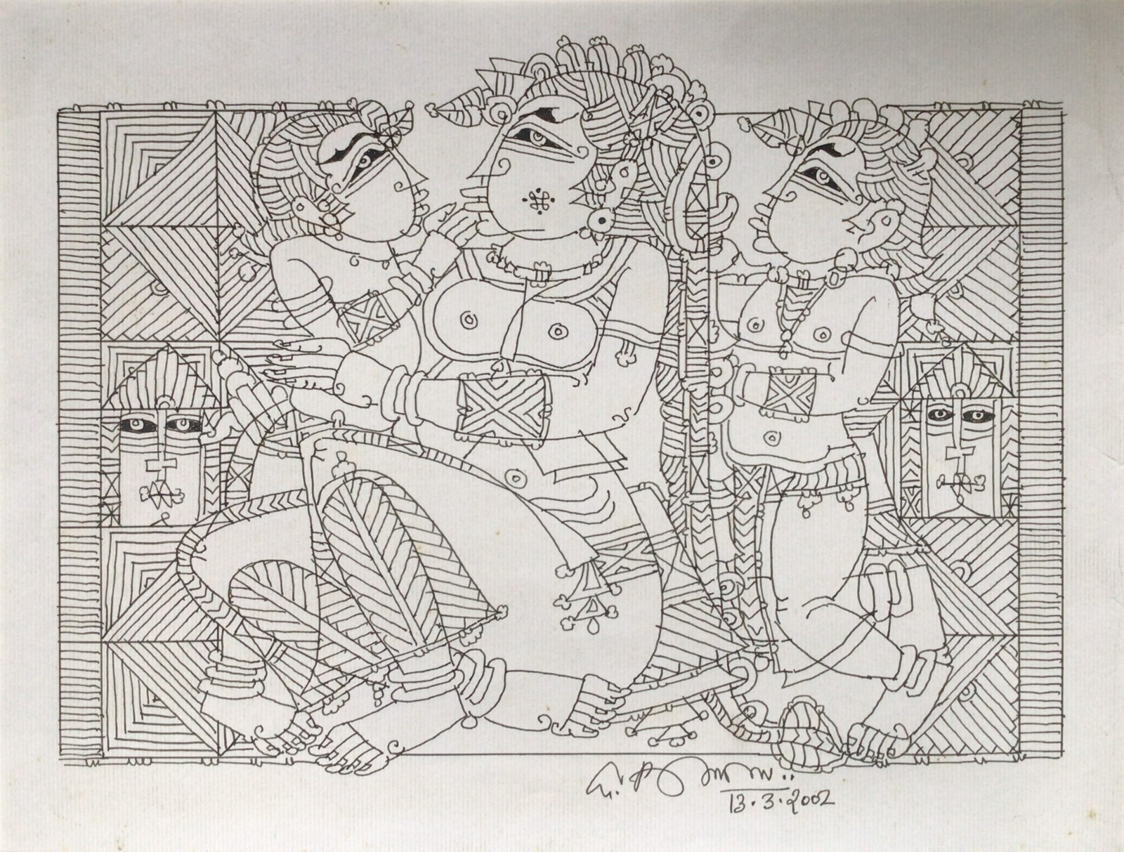 Painting Modern Art India Ink on Paper 10 x 13 in 2002 W G Raman Tribals