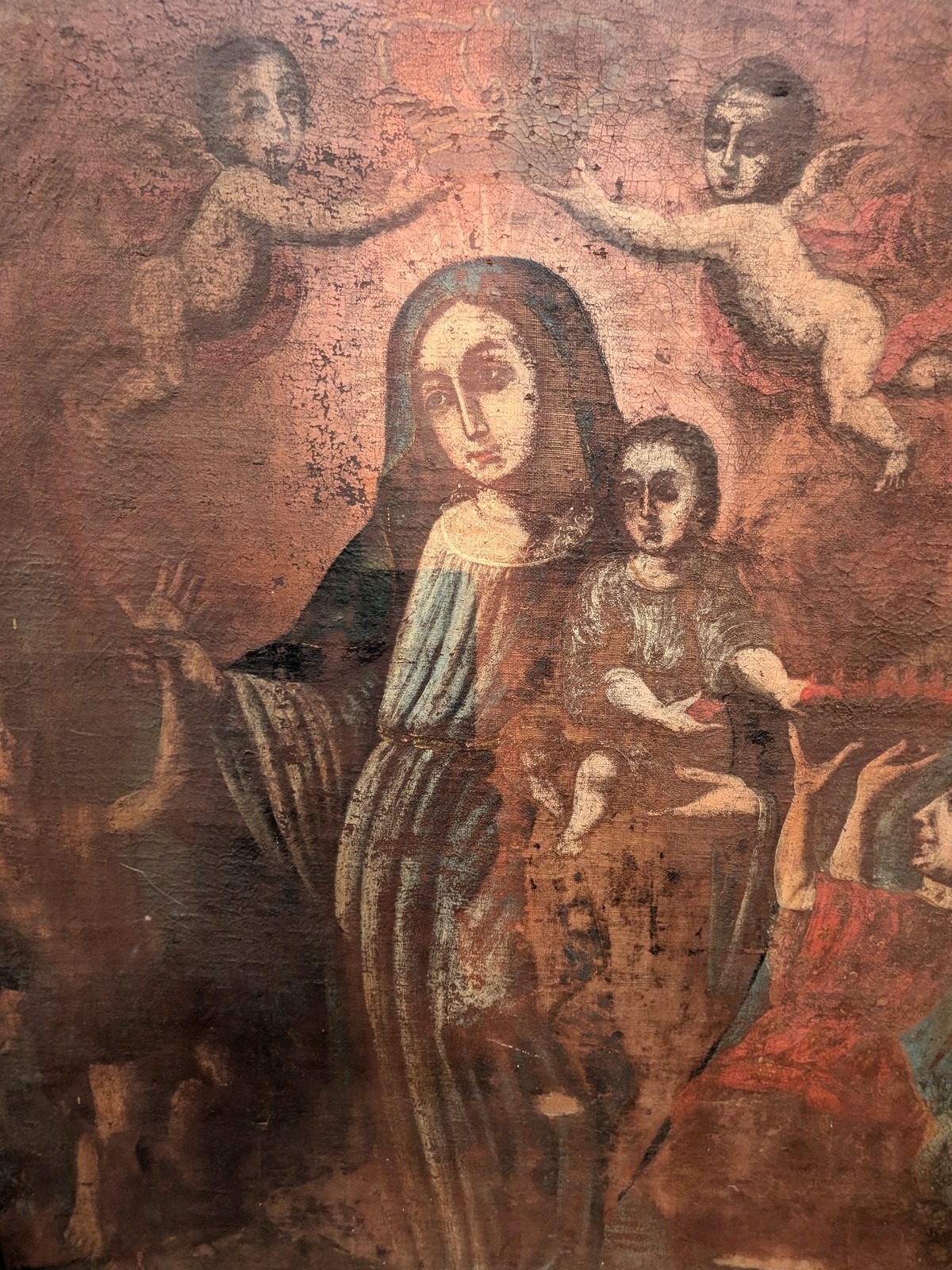 17th Century Nuestra Señora De La Luz Oil Painting Spanish Colonial 36″ L X 46″