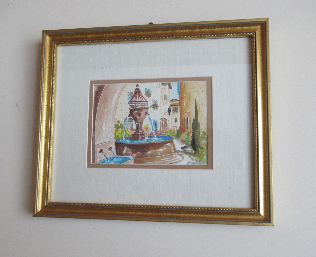 Original Matching Pair Watercolors City Port & Fountain Signed, Matted & Framed