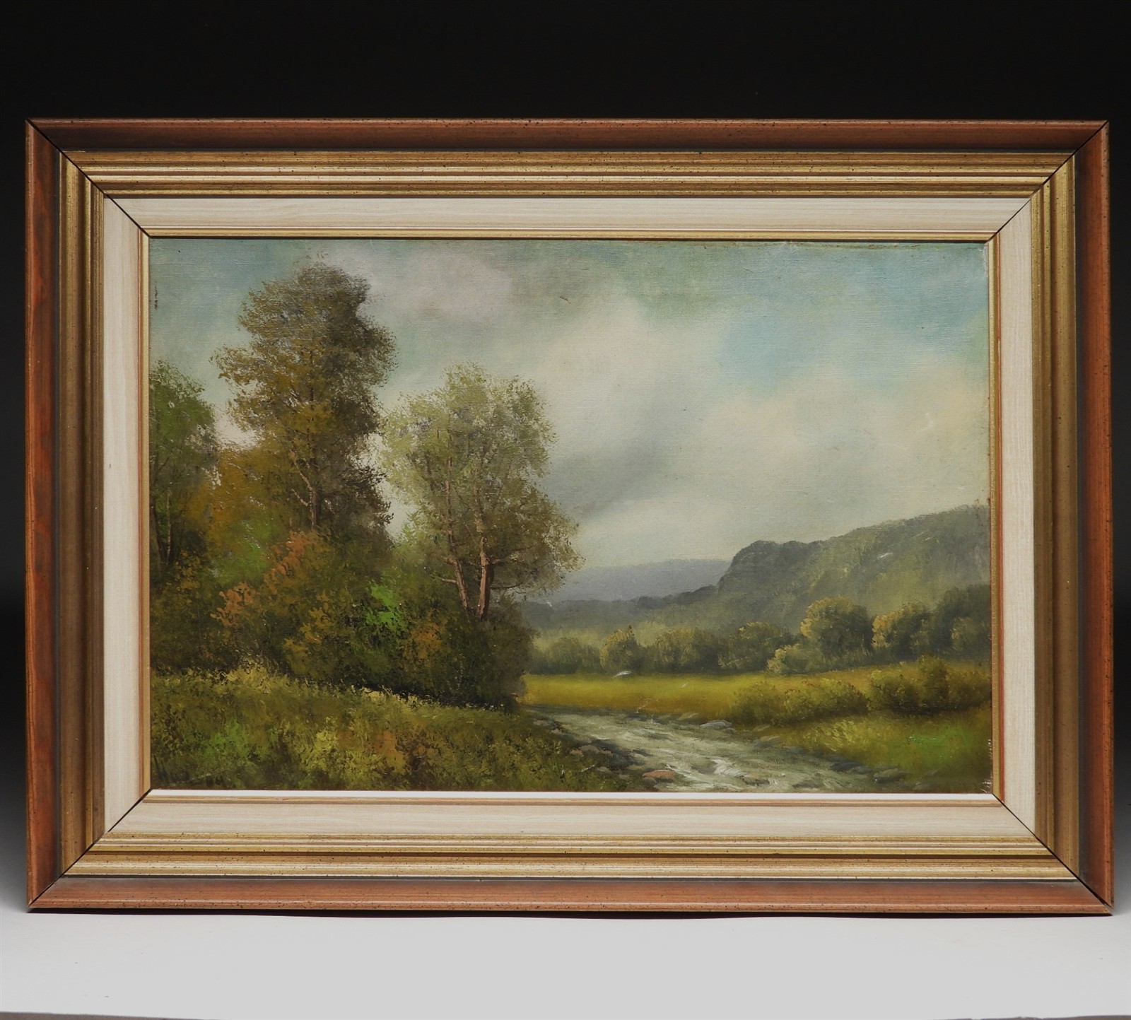 C.1900 American Mountain & River Landscape signed «Hudson» O/C Painting