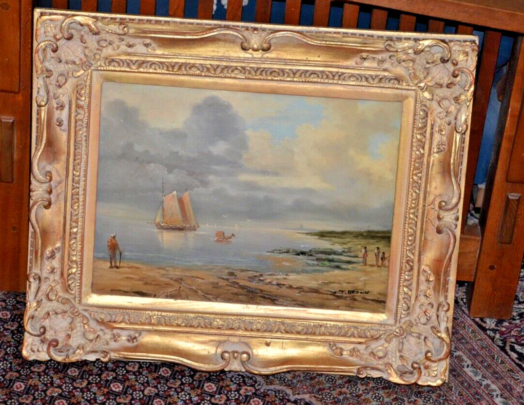 Antique seascape Tranquil Seashore scene – Oil painting J. Brown Listed