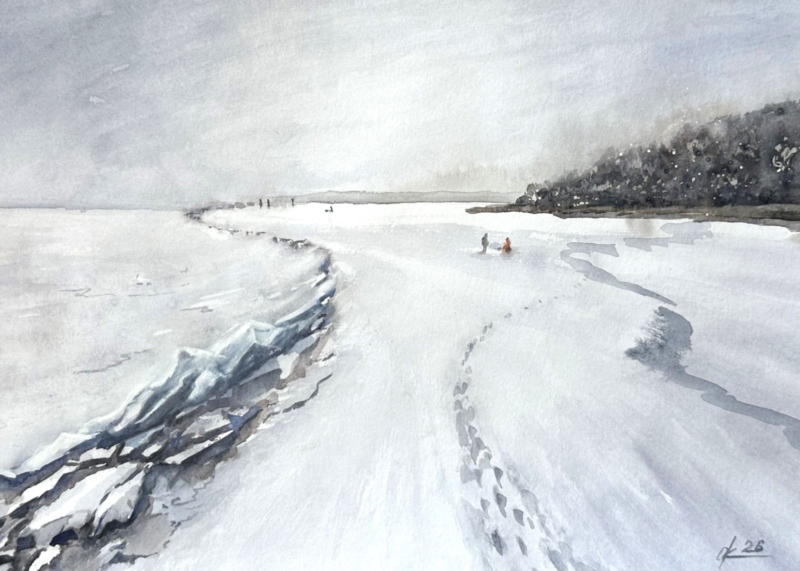 Winter fishing landscape snow field forest Original Watercolour Painting Scandi