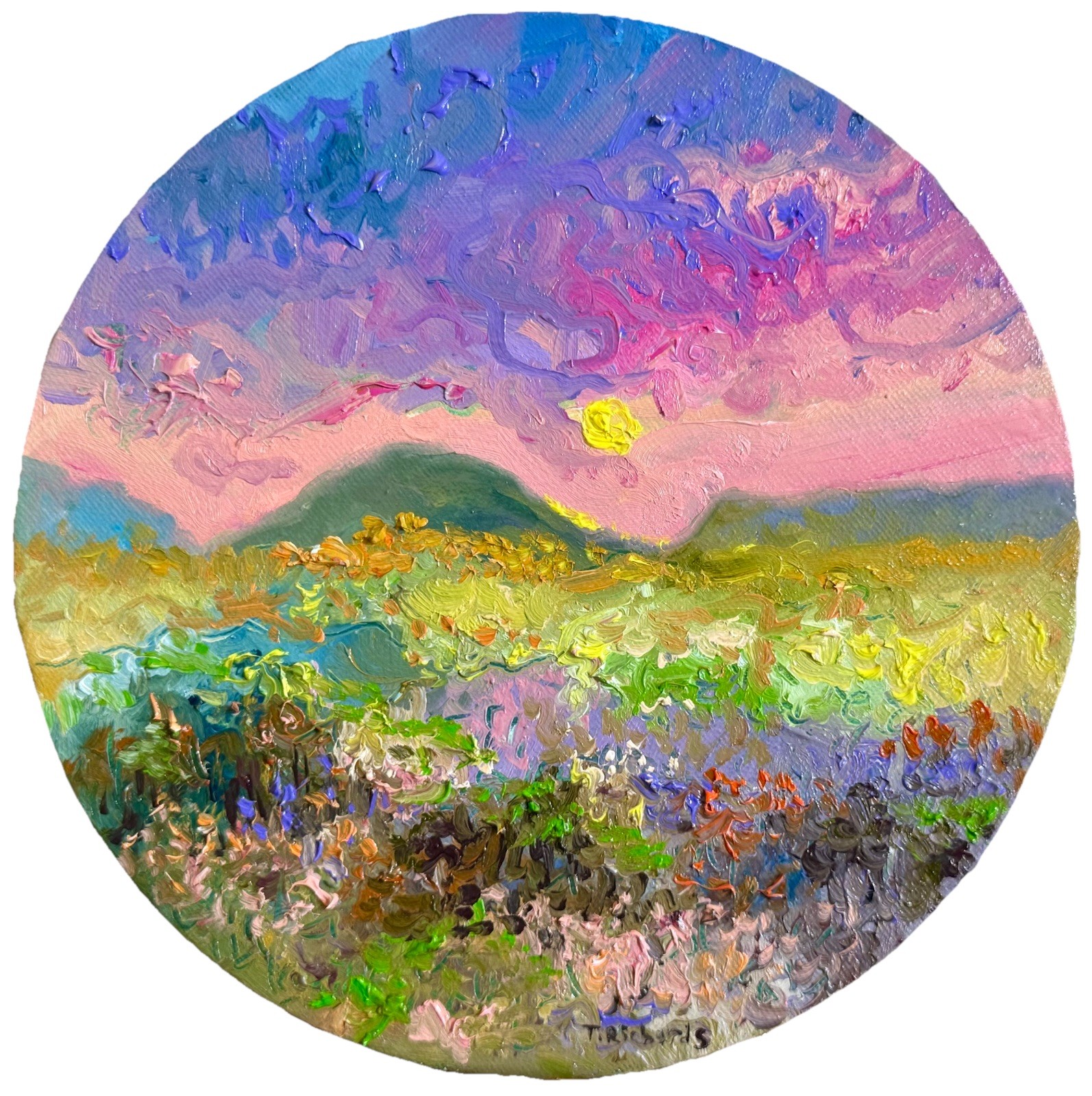 ORIGINAL art oil painting Floral meadow Flower field Mountain Sunset Round 8×8″