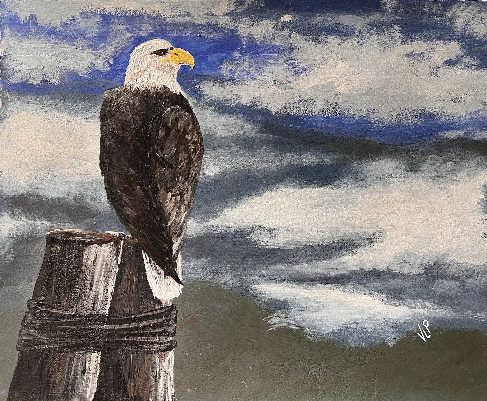 Bald Eagle Mountain Sky View Original Hand Painted Acrylic 11×13” Paper