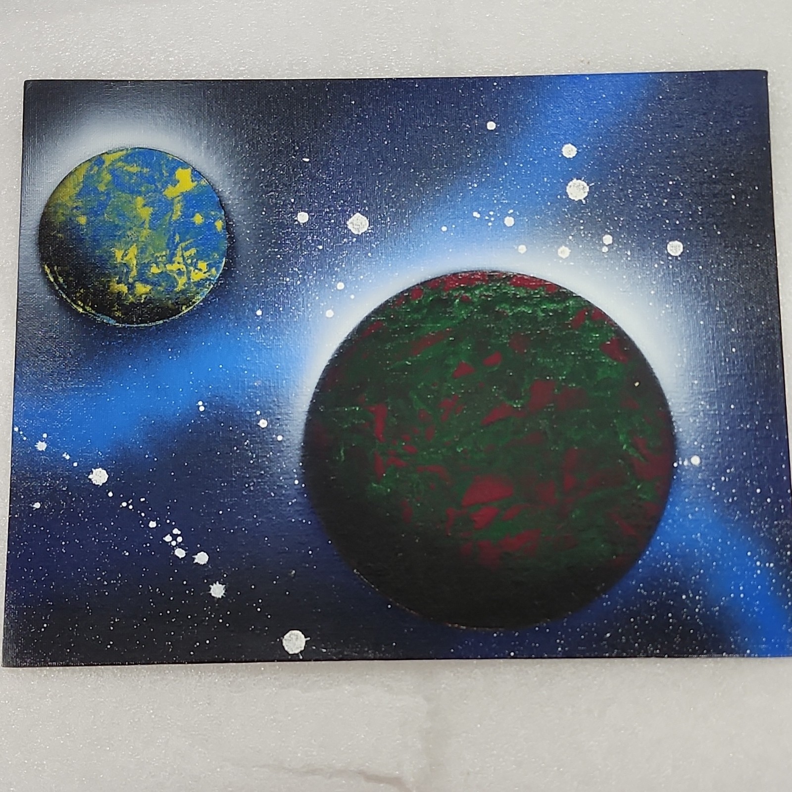 11×14 Original Spray Painted Planets Outer Space Abstract Canvas Painting Signed