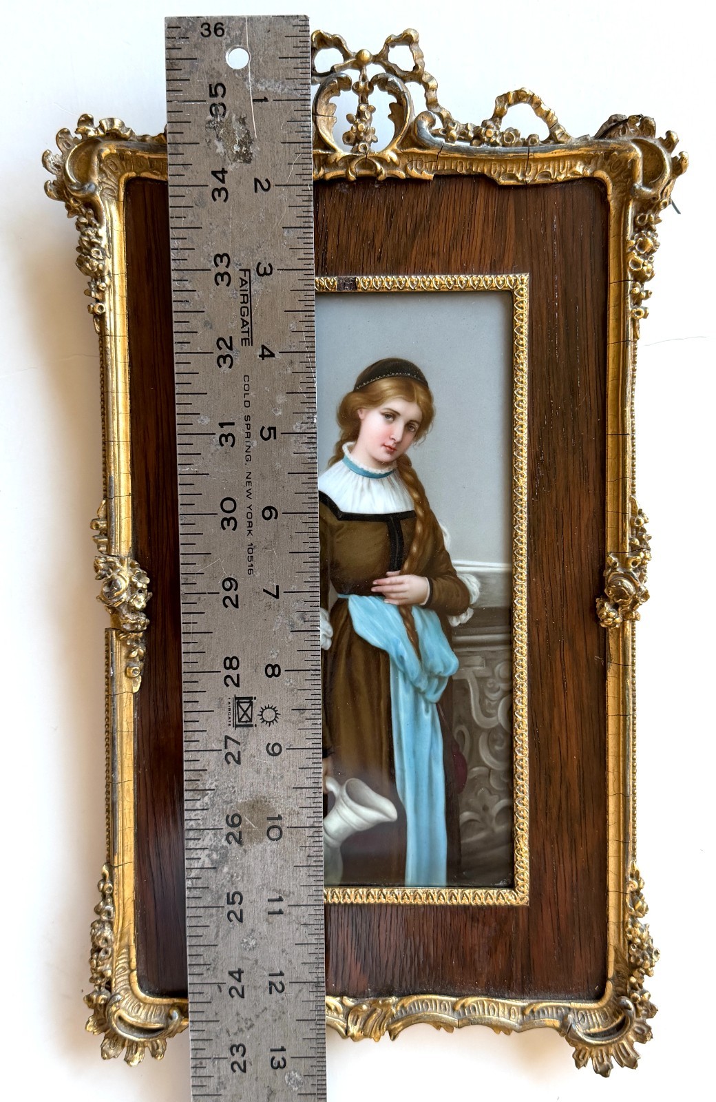 Antique Hand Painted Porcelain Plaque Young Woman w Pitcher Framed
