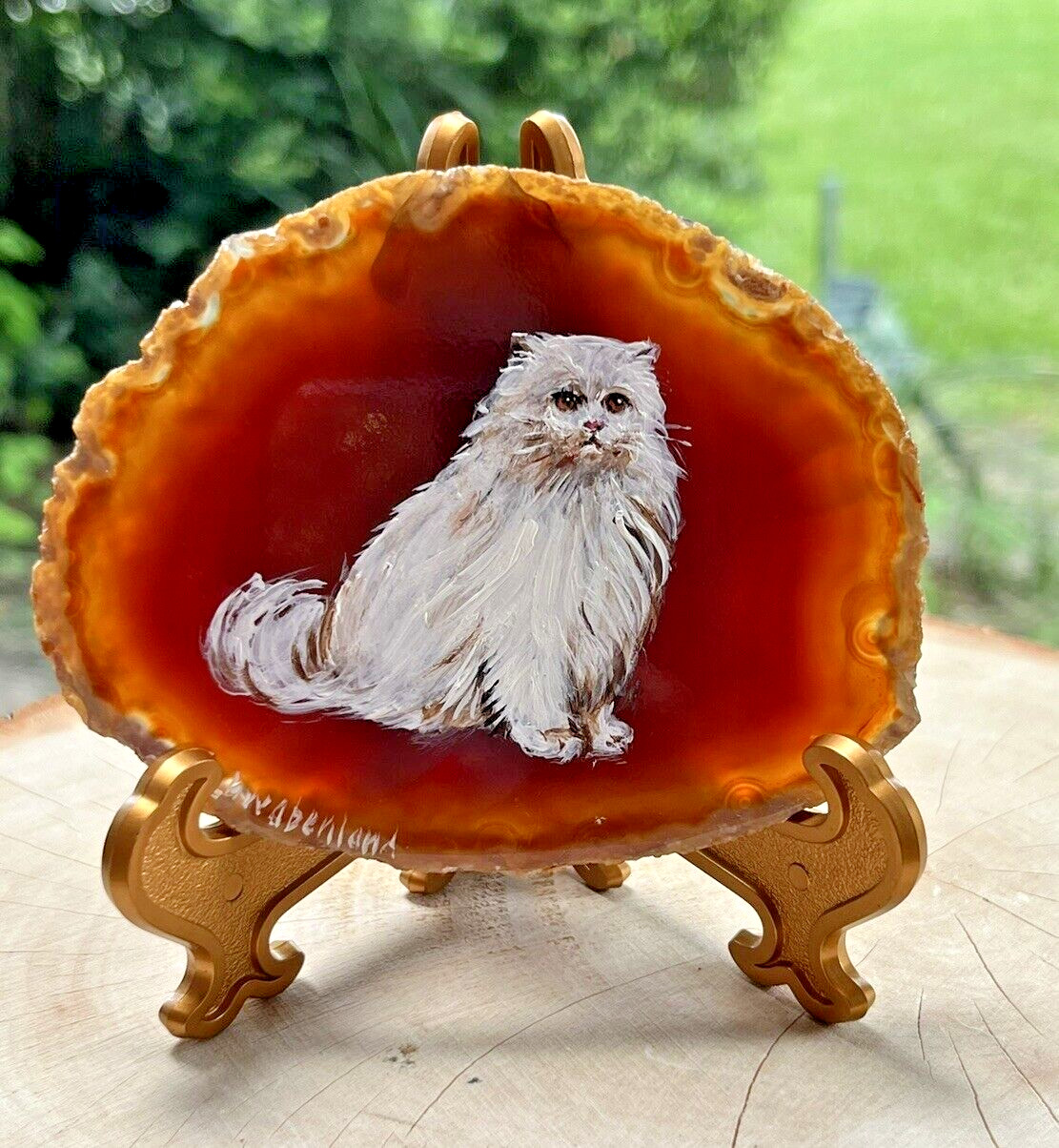 White Persian Cat Agate Painting/Brazilian Agate Stone Slab Signed Schwabenland