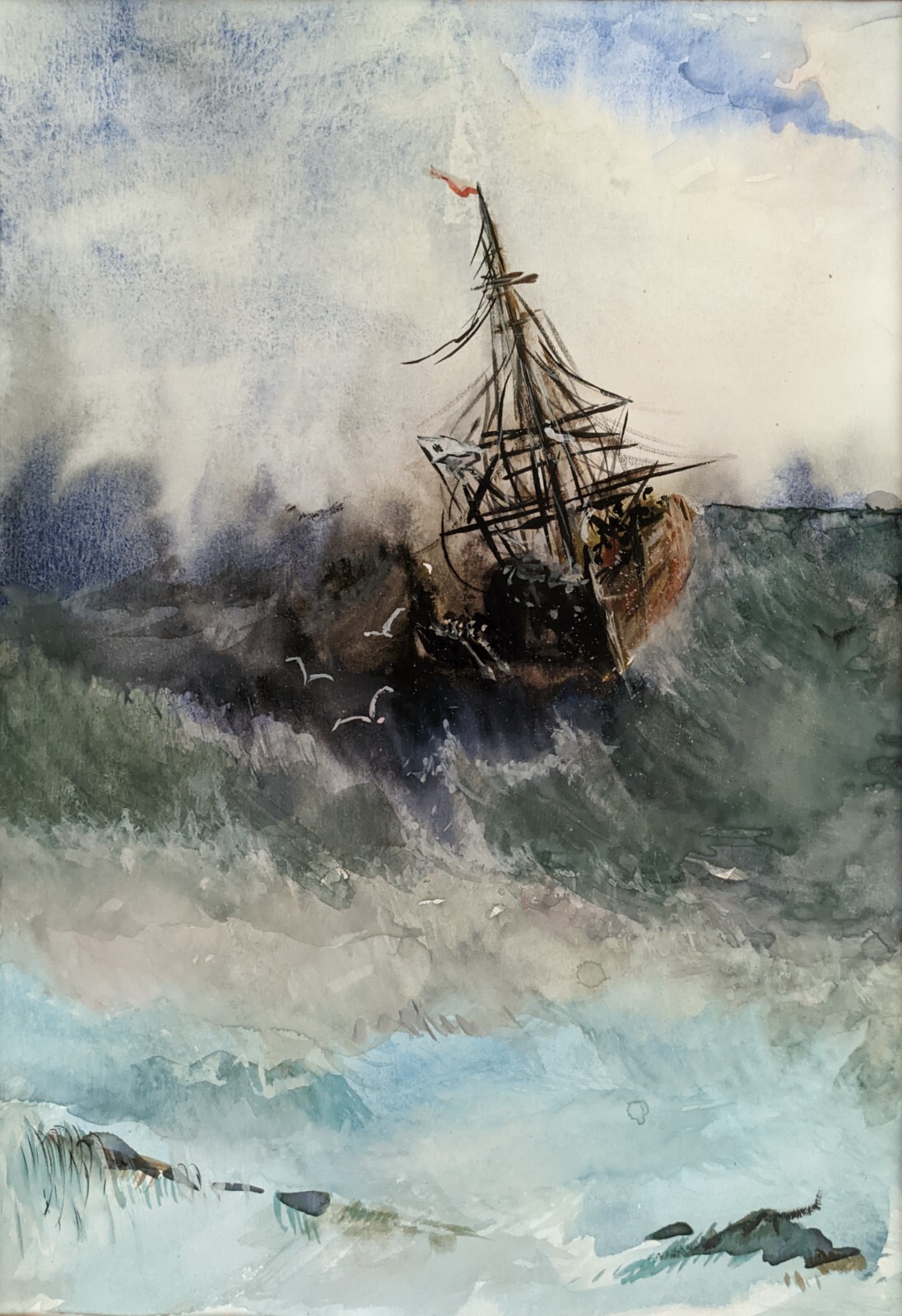Stormy Sea Sailing Ship Original Watercolor Marine Art 8.3 x 11.4 in