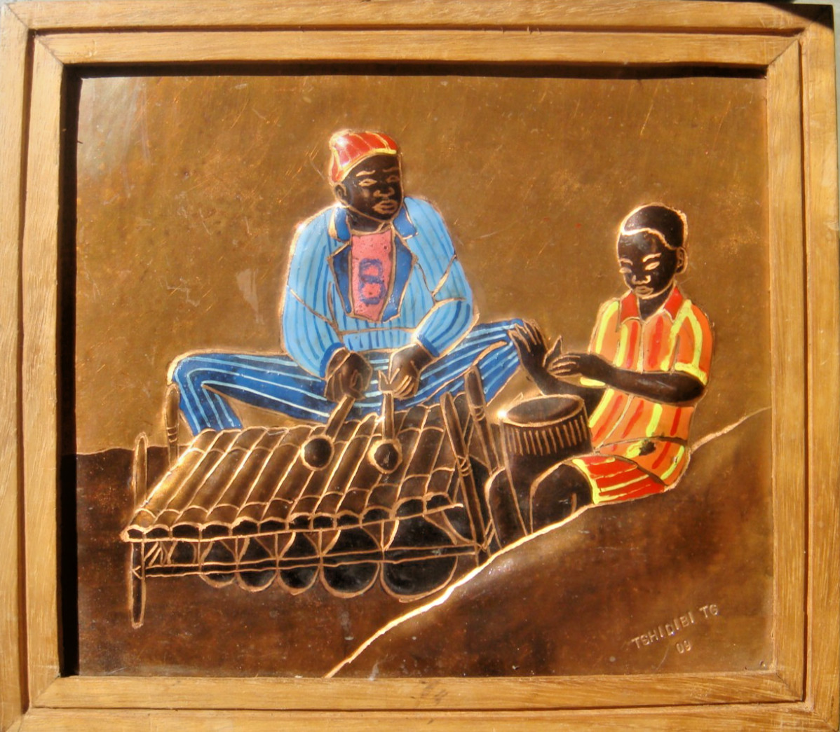 African Relief painting on copper signed by the Congolese artist Guycha Tshidibi