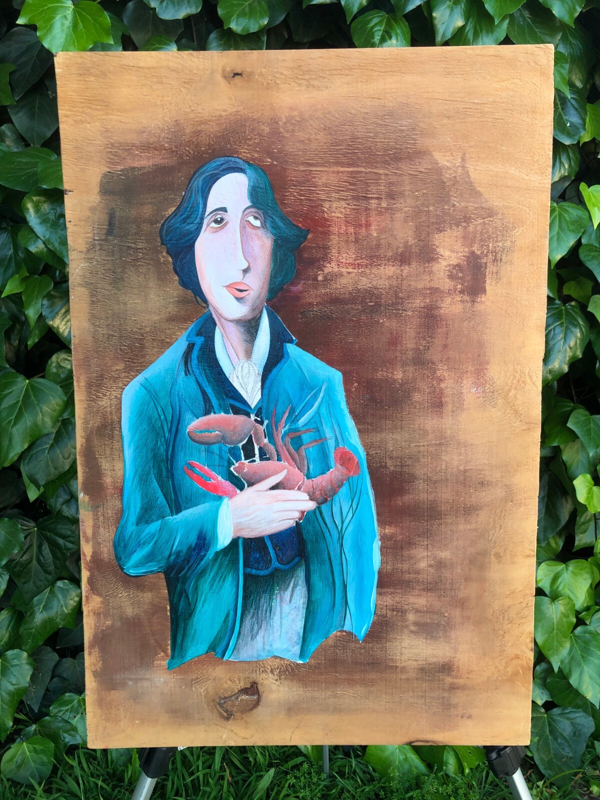 MAN with LOBSTER Original 1980s ABSTRACT SURREALIST MODERN FOLK ART OIL ON WOOD