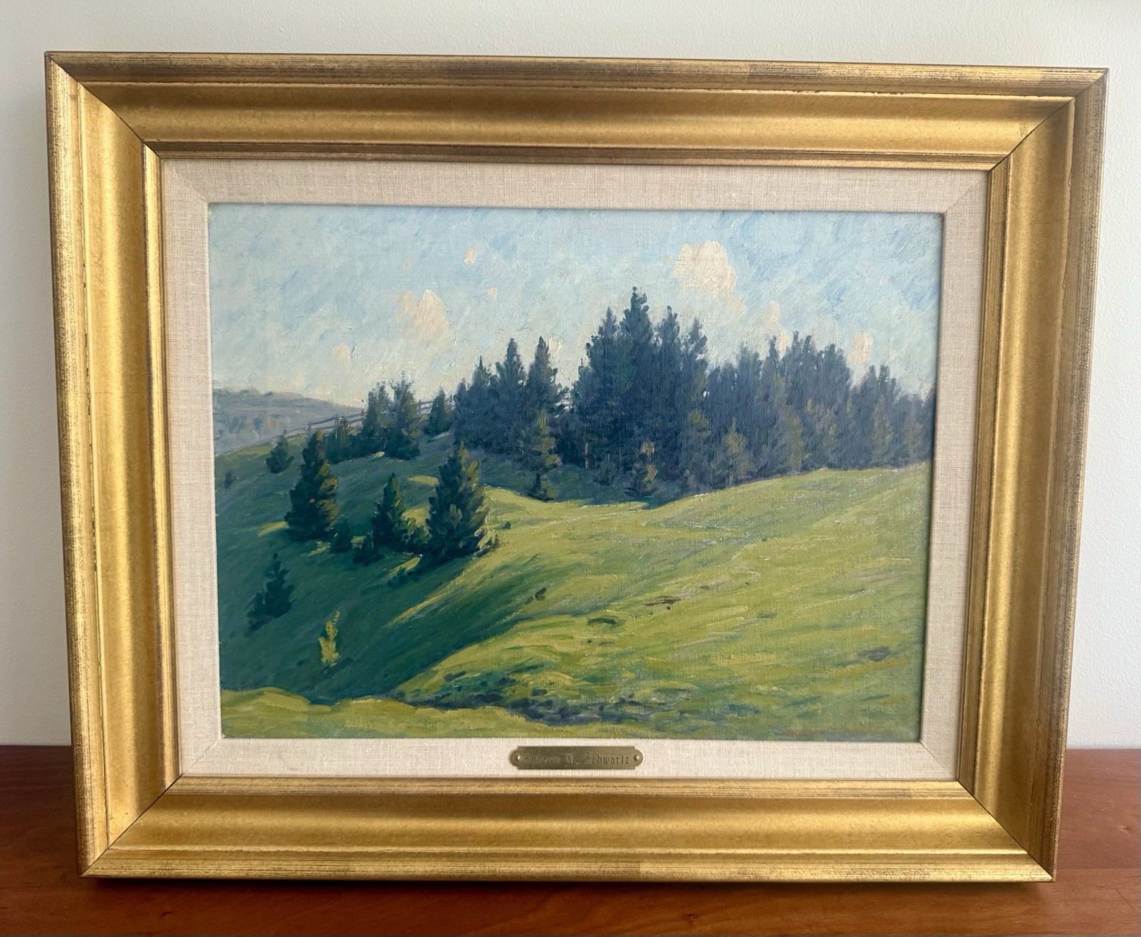 Signed Orig ANDREW SCHWARTZ New England Pine Tree Forest Landscape Oil Painting