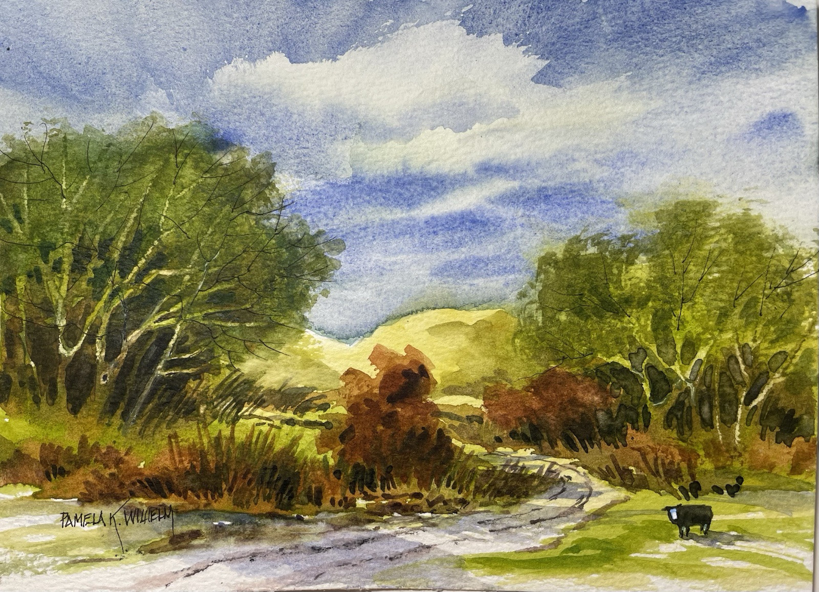Pamela Wilhelm Original Watercolor 6”x8” Pastoral Road Cow Clouds Trees Serene