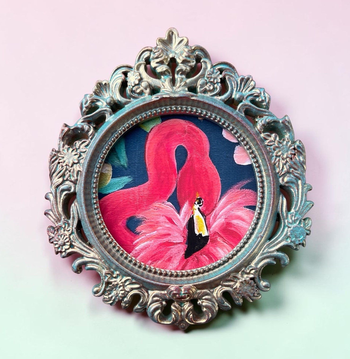 Pink Flamingo 🦩 bird print of original painting in mini vintage style frame