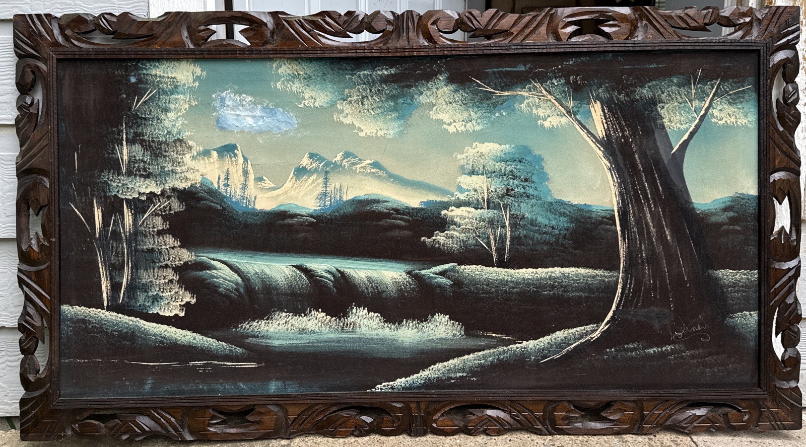 Vtg Mountain Landscape Black Velvet Painting 50x 27.5 Carved Wooden Frame Signed