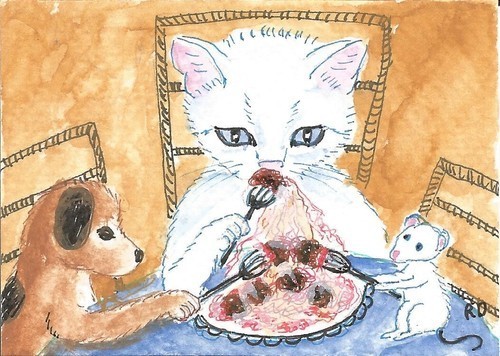 ACEO Original «Princess Hannah and Millie, Eating Spaghetti» cat, mouse, puppy