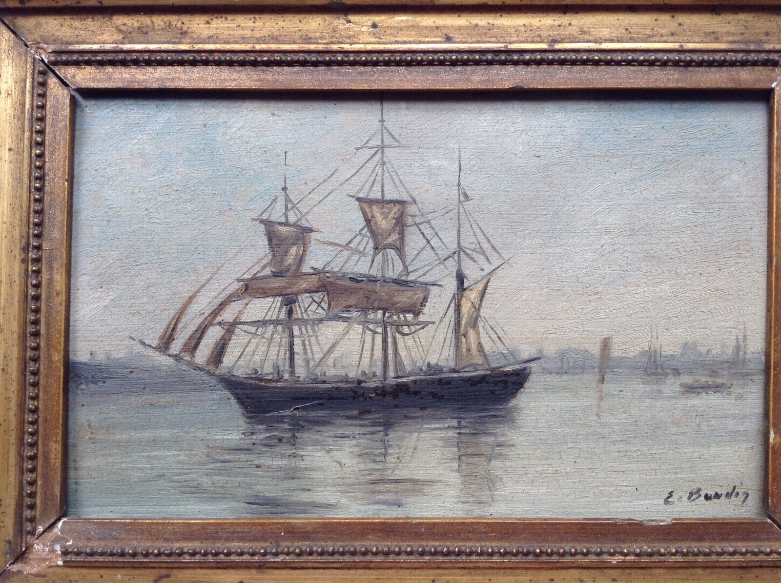 EUGENE BOUDIN SIGNED – 19th CENTURY OIL ON PANEL – THREE-MASTED SHIP IN PORT