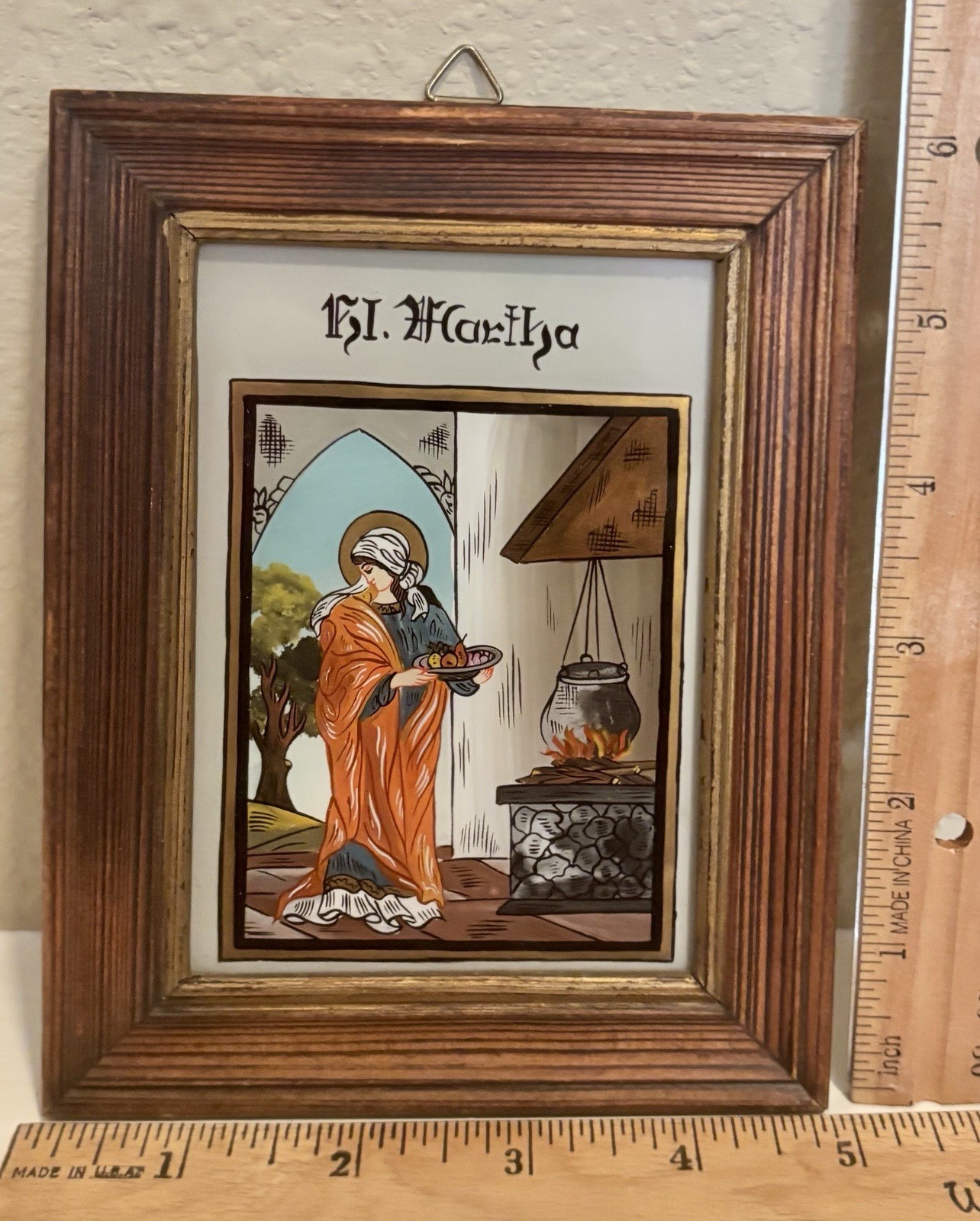 VTG German Austrian Bavarian Reverse Glass Folk Art Painting St Martha SEE PICS