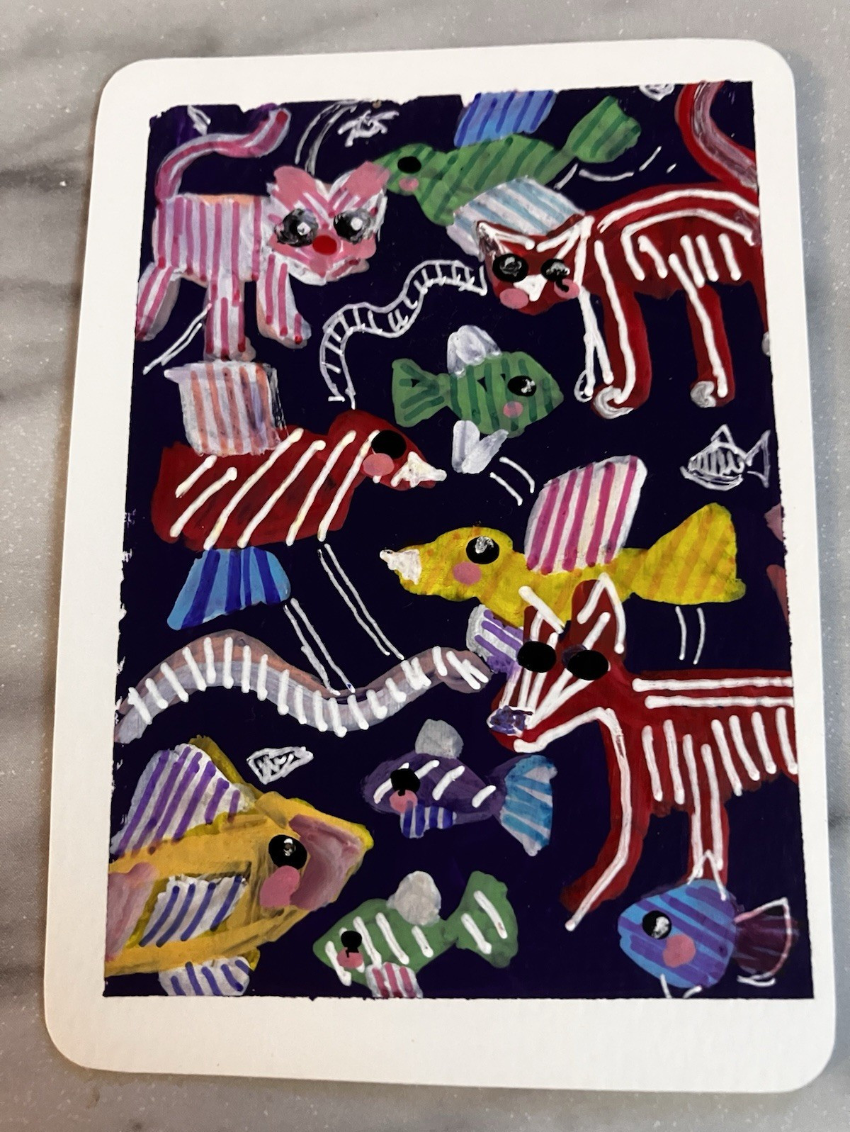 Cat & Fish Contemporary Painting on Paper Animals Art Unframed Single Piece