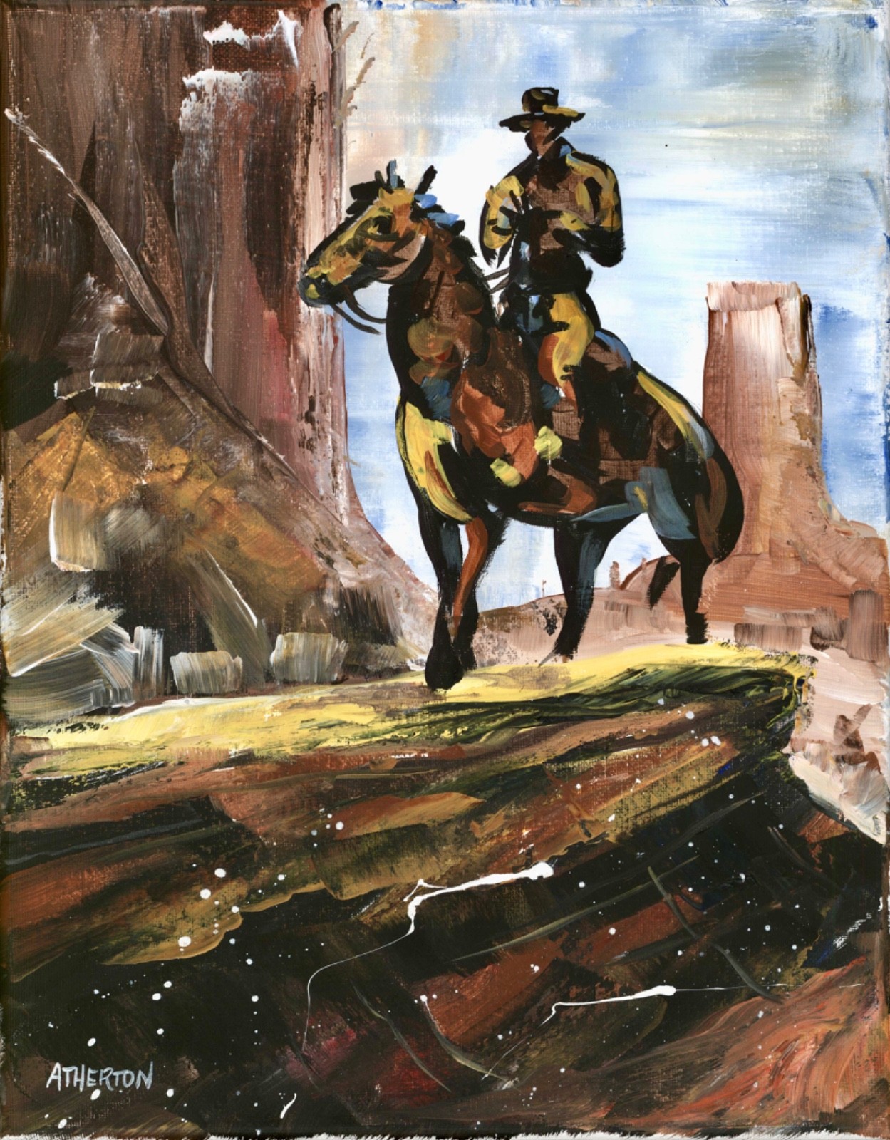 Atherton 11×14 Original Abstract Cowboy Sheriff Painting «Cliff Rider» signed